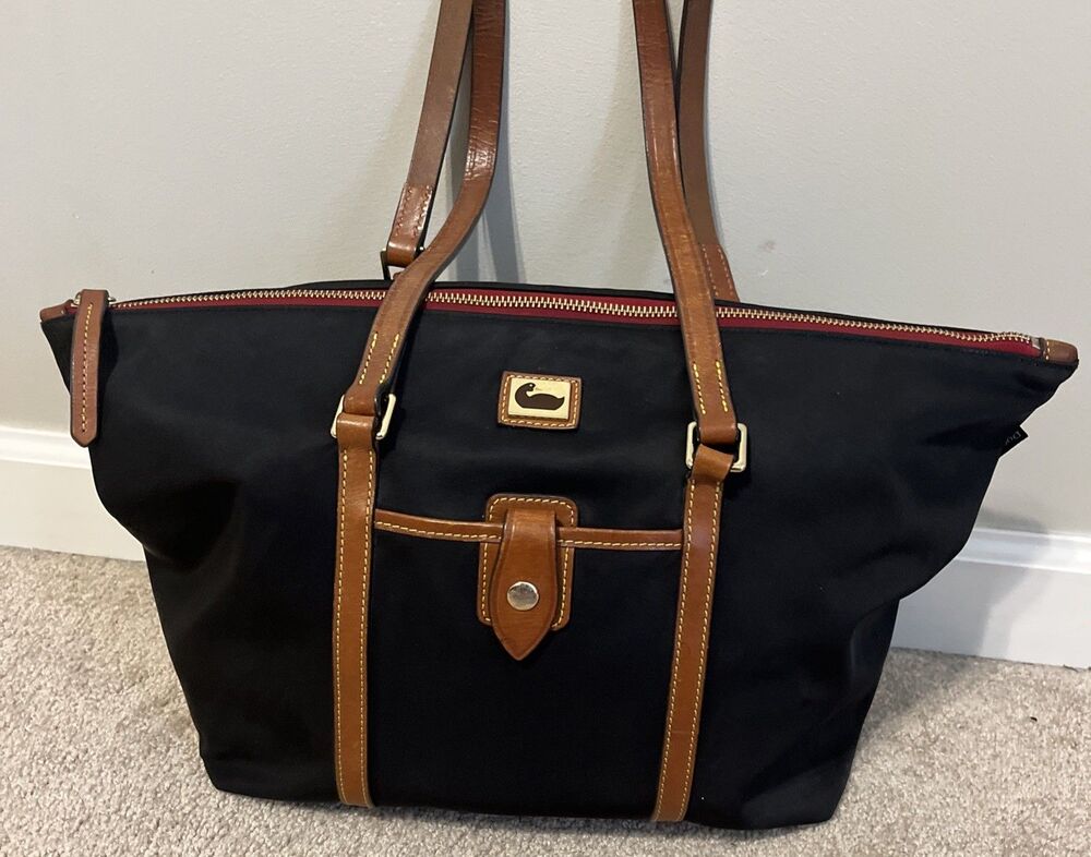 Dooney & Bourke Nylon Tote Black Brown Leather Shoulder Strap Gold Zip Durable